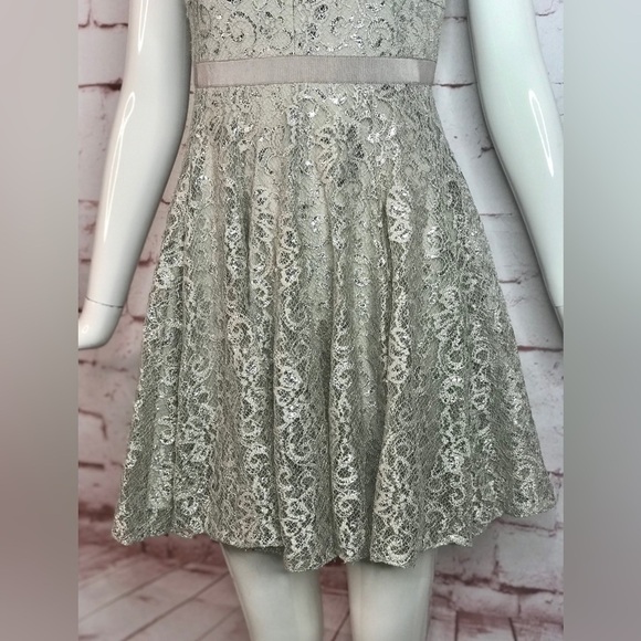 ADRIANNA PAPELL Silver Lace Overlay Fit & Flare Minidress Size 4 PETITE - Picture 14 of 16